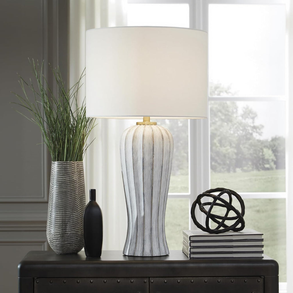 Signature Design by Ashley Lanwell Modern Table Lamp with 3-Way Switch, Polyresin and Drum Hardback Fabric Shade, 17.5' W x 17.5' D x 32' H, Light Gray
