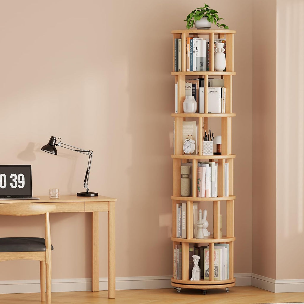 Muwuele Solid Wood Rotating Bookshelf on Wheels, 6 Tier, Round Revolving Bookcase, 360° Spinning Book Shelf Tower for Kids, Narrow Rolling Bookshelves for Small Space, Corner, Bedroom, Office, Natural