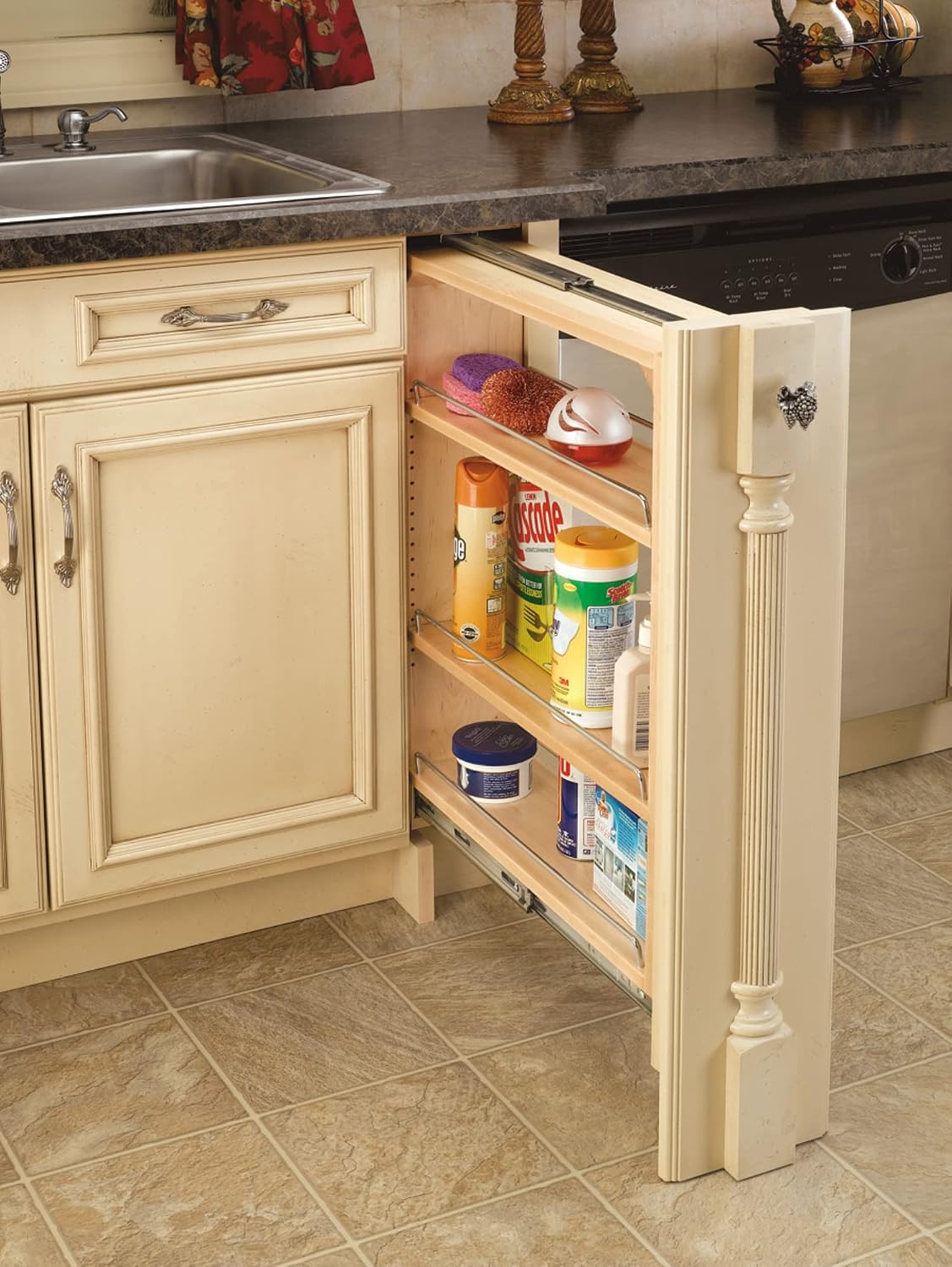 Rev-A-Shelf Pullout Shelf Organizer for Base Kitchen or Bathroom Cabinets, Wood Filler Pantry Storage or Spice Rack, Maple, 9' x 23' x 30', 432-BF-9C