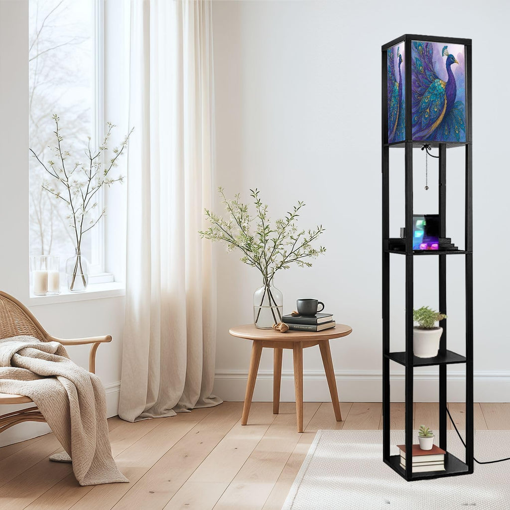 Floor Lamp with Shelves Modern Stained Glass Peacock Art Teal Gold Feathers Standing Tall Lamp USB Ports & Power Outlet Modern Corner Lamp Nightstand Light for Living Room Bedroom