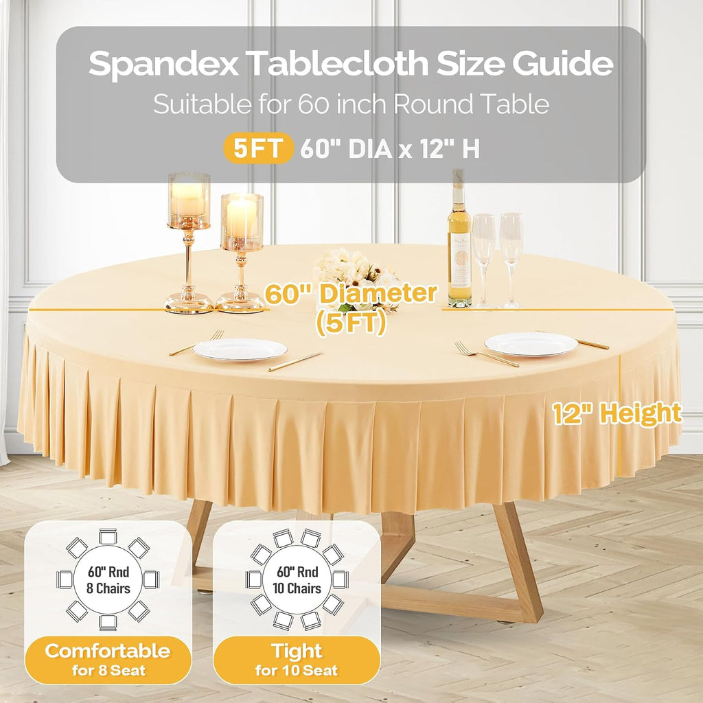 8 Pack Champagne Spandex Round Tablecloths for 60 inch Tables, Stretchy Fitted 5FT Round Table Cloths with Skirt for Wedding Party Dining Banquet