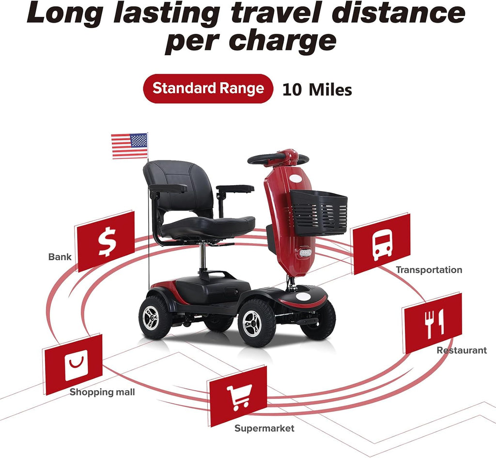 Mobility Scooters for Seniors & Adults 400 Lb Weight All Terrain,Heavy Duty 4-Wheel Powered Scooter,Foldable Mobile Disability Electric Wheelchair,Luxury Seat and Front Rear Led Lights,red