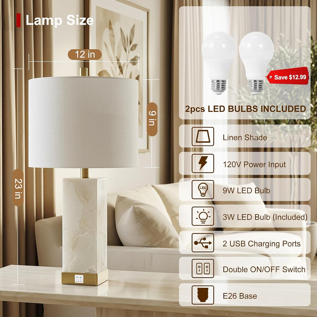Scenekoy 23' Alabaster Table Lamps Set of 2 for Living Room Bedroom, Bedside Lamps with USB A+C Ports, Modern Table Lamp with Linen Shade for Living Room Bedroom Nightstand (Bulbs Included)