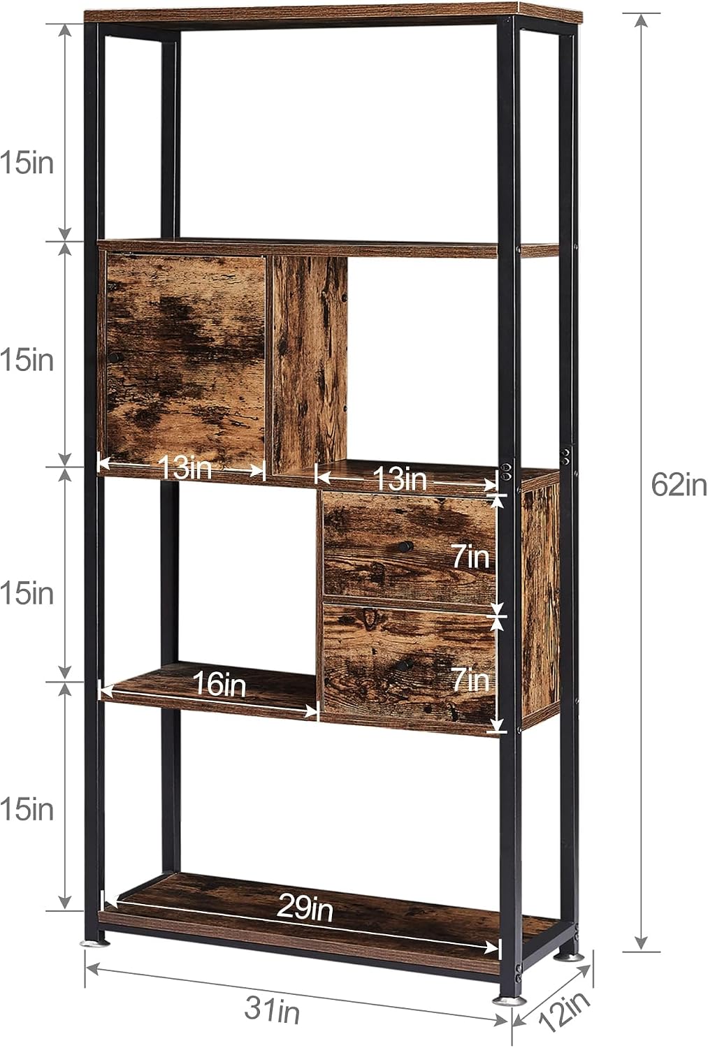 VECELO 5 Tier Bookshelf,62inch Height Bookcase with 2 Storage Drawers and 1 Cabinet, Wooden Shelves with Metal Frame,Open Book Shelves Standing Shelf Unit for Living Room, Bedroom,Office