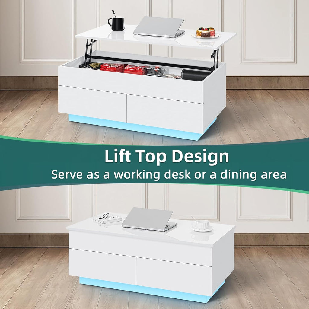 HOMMPA 40'' Lift Top Coffee Table for Living Room, White Coffee Tables with Storage, LED Modern Coffee Table Rectangular White Gloss, Flip Top Center Table with 2 Drawers and Hidden Compartment