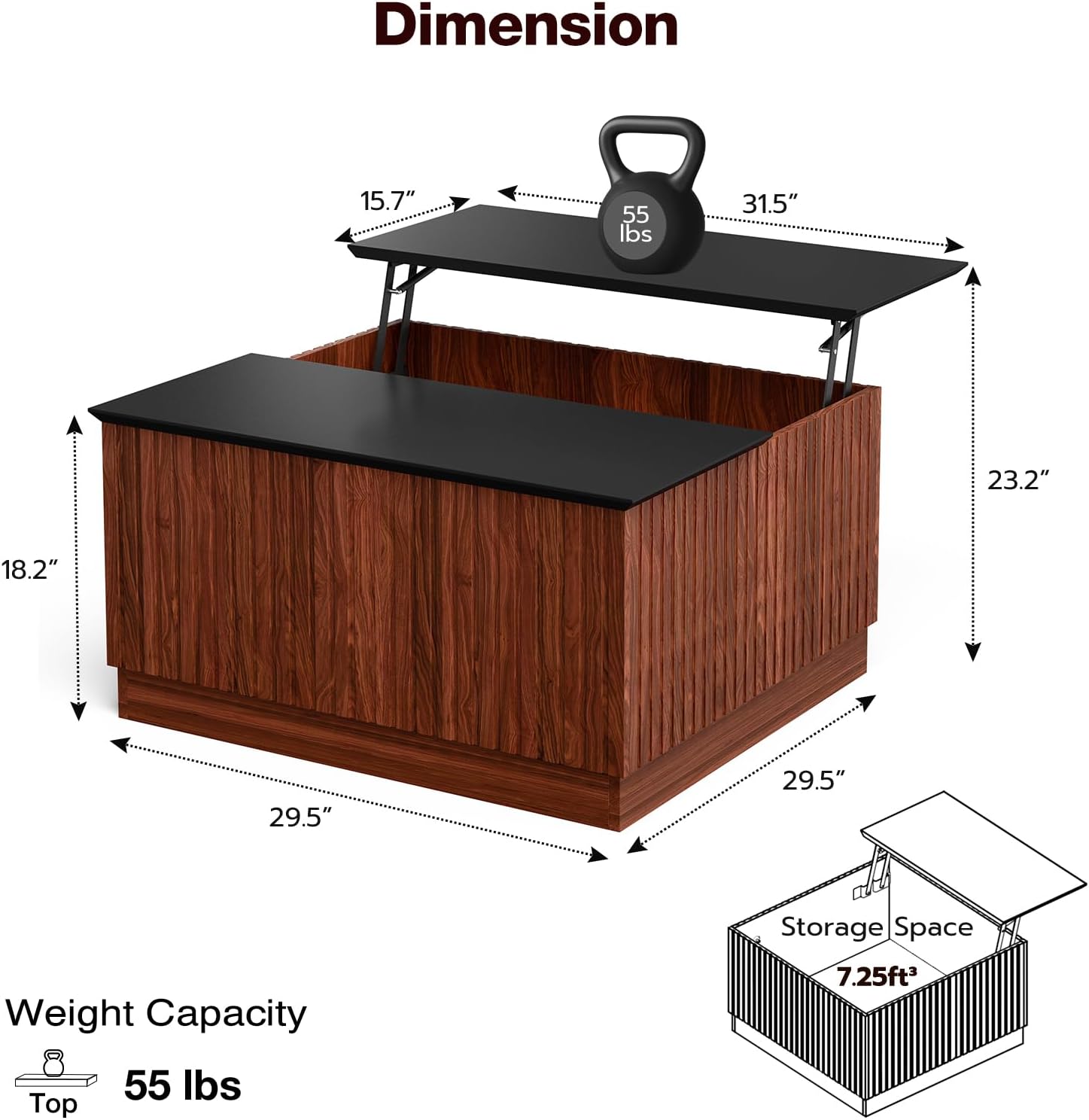 LCRBOL 31.5' Lift Top Coffee Table with Storage, Mid-Century Coffee Tables for Living Room, Square Dining Table with Large Hidden Storage Compartment & Adjustable Shelves, Walnut & Black