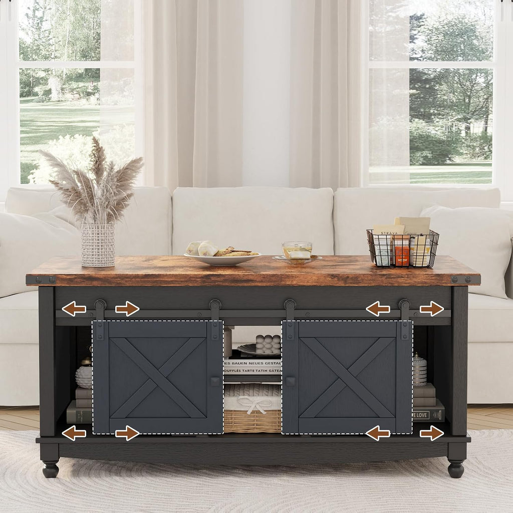 ALLSTAND 48' Farmhouse Lift Top Coffee Table with Storage Sliding Barn Door & Large Hidden Compartment, Coffee Table with Lifting Top with Wooden Lift Tabletop, Coffee Tables for Living Room, Black