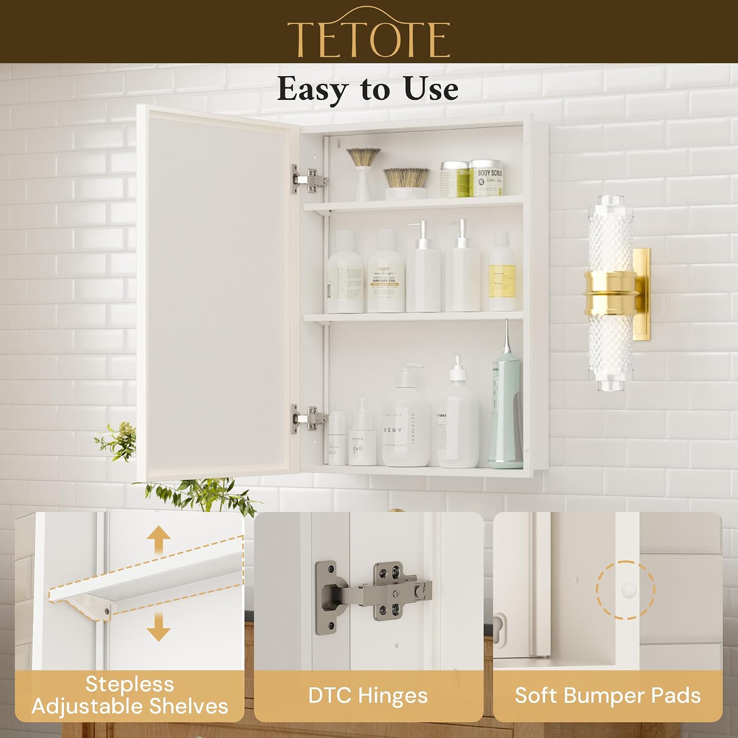TETOTE 16' x 24' Medicine Cabinets for Bathroom with Tempered Mirror Recessed Medicine Cabinet with Aluminum Beveled Frame, Stepless Adjustable Shelves, DTC Hinge