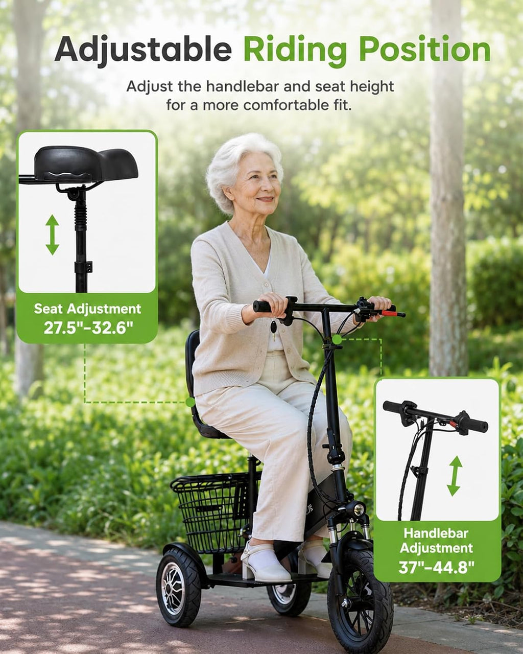 3-Wheel Mobility Scooter for Seniors & Adults, 500W Motor, Long Range | LED Headlight & Removable Basket Adjustable Seat & Handlebar Mobility Device Supports up to 330 lbs