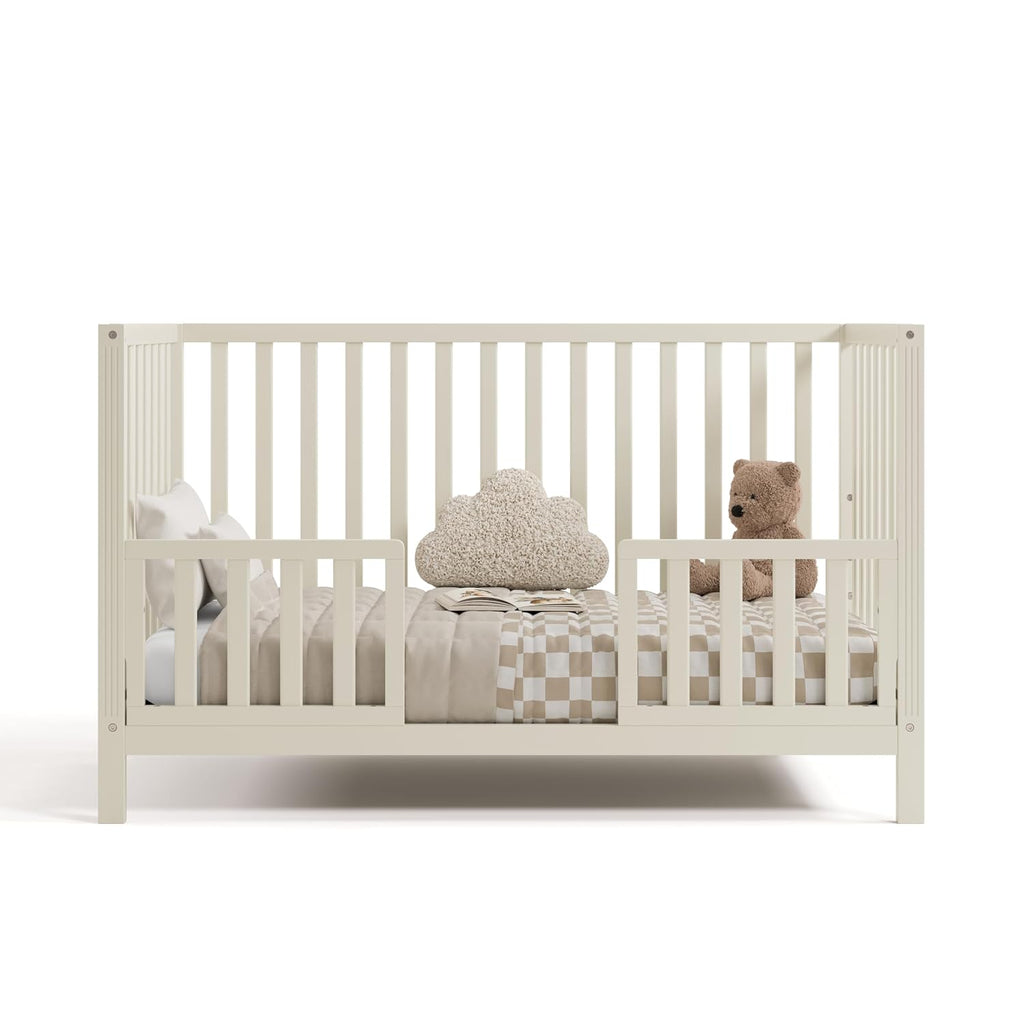 Storkcraft Morningside 5-in-1 Convertible Crib – GREENGUARD Gold Certified, Fits Standard Crib Mattress, Converts to Toddler Bed, Daybed and Full Bed, 4 Adjustable Mattress Heights (Frosted Oat)