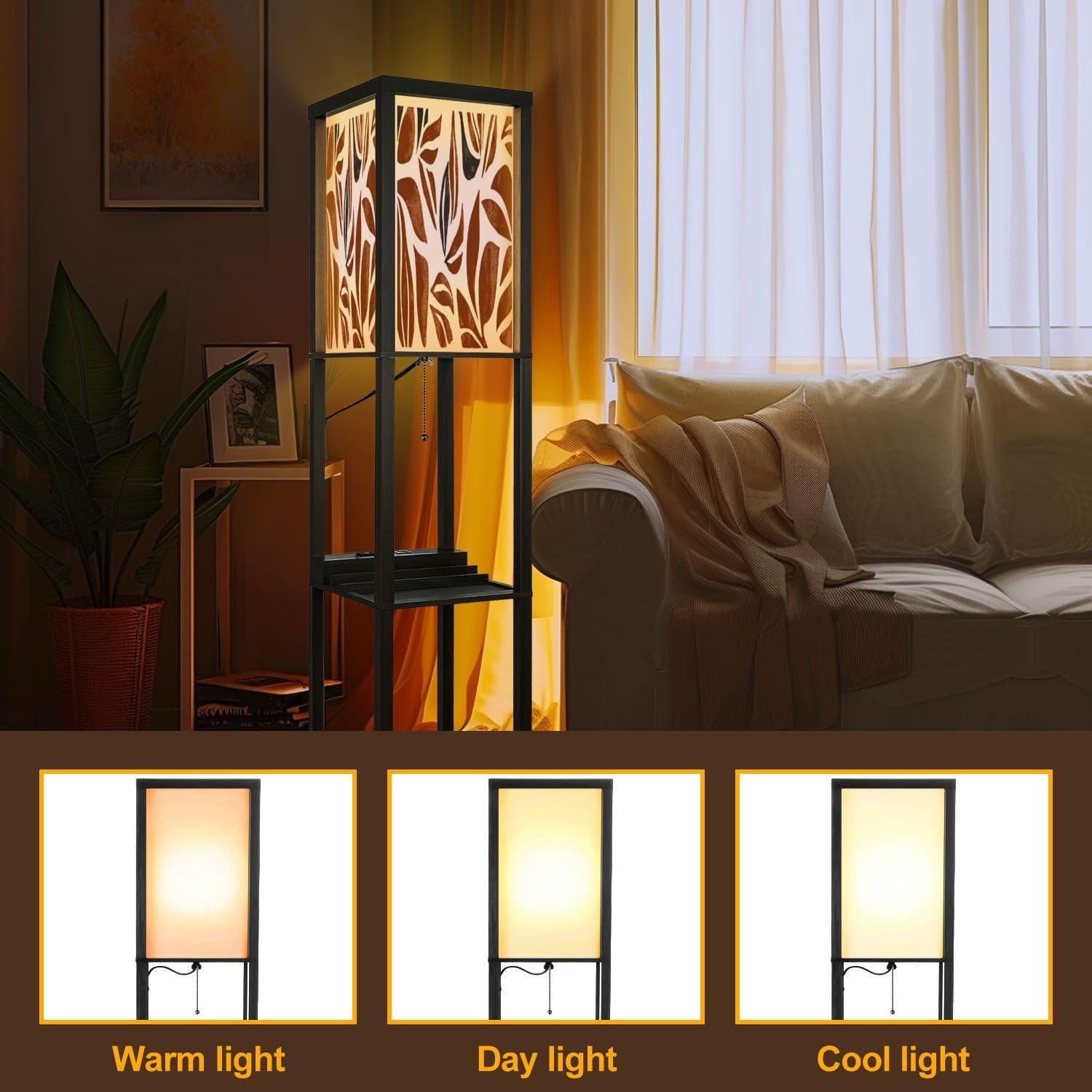 Floor Lamp with Shelves Hand drawn minimal abstract autumn pattern Collage contemporary print Standing Tall Lamp USB Ports & Power Outlet Modern Corner Lamp Nightstand Light for Living Room Bedroom