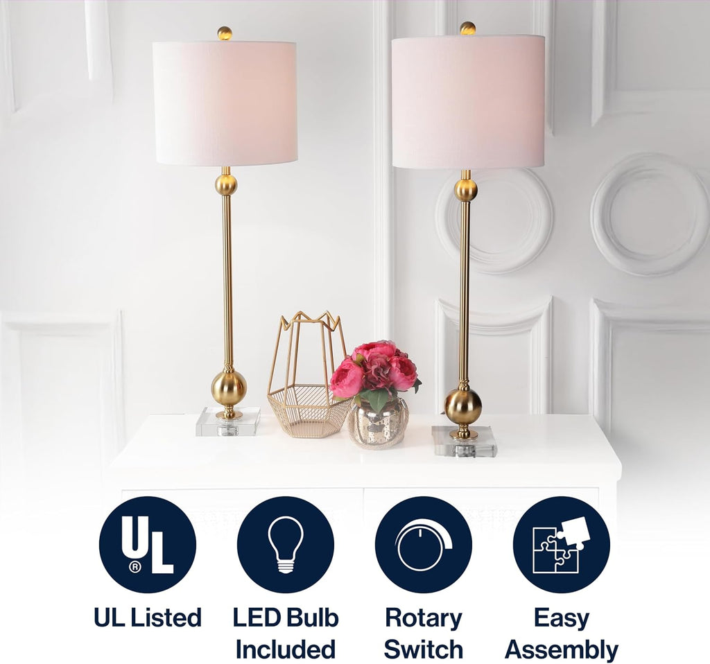 JONATHAN Y 34.75' Brass Metal LED Table Lamp Set of 2 with Crystal Base, Mid-Century Modern Sputnik Design for Living Room Bedroom, White Linen Shade, LED Bulbs Included JYL2010A-SET2