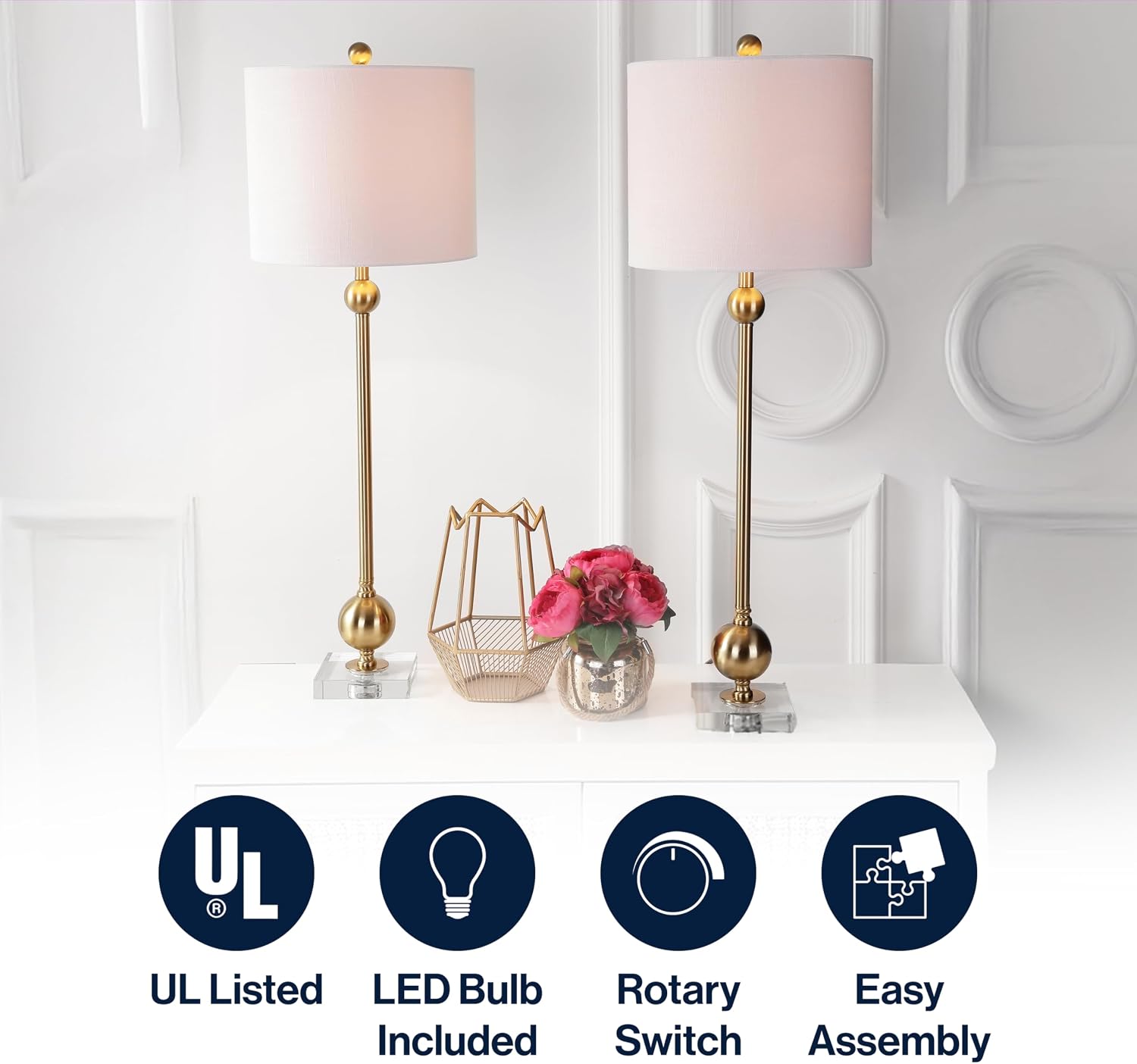JONATHAN Y 34.75' Brass Metal LED Table Lamp Set of 2 with Crystal Base, Mid-Century Modern Sputnik Design for Living Room Bedroom, White Linen Shade, LED Bulbs Included JYL2010A-SET2