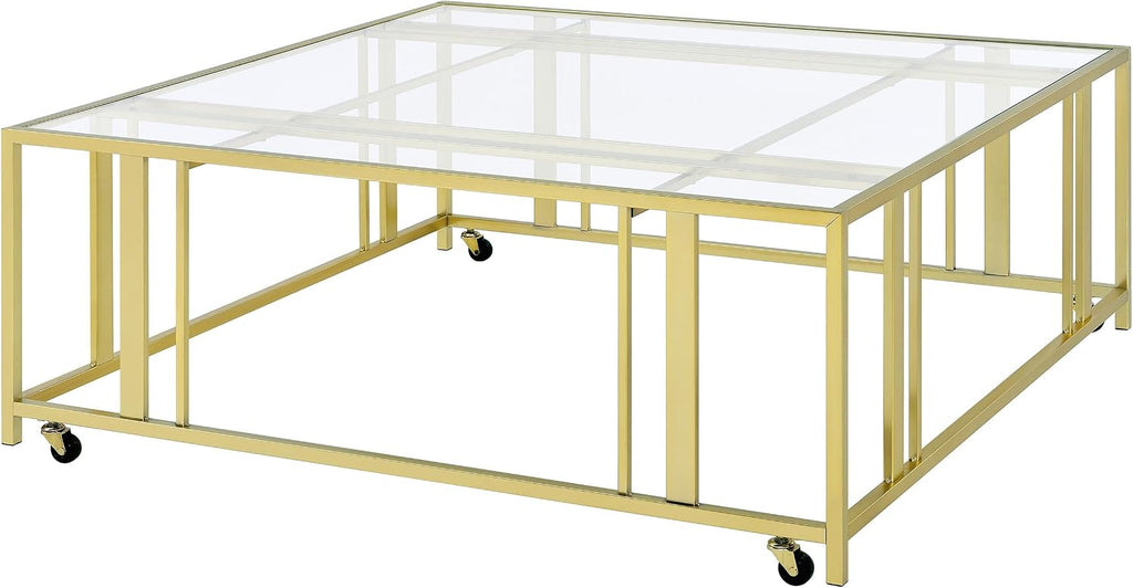 Coaster Home Furnishings - Adri - Square Glass Top Coffee Table with Geometric Base and Mobile with Rolling Casters - Contemporary - Living Room - Matte Brass - 710188