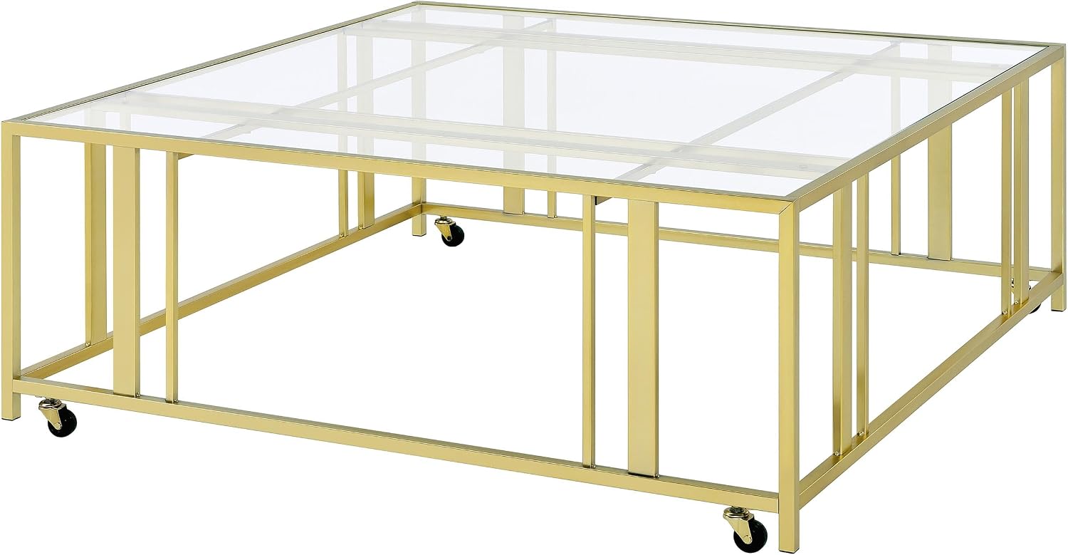 Coaster Home Furnishings - Adri - Square Glass Top Coffee Table with Geometric Base and Mobile with Rolling Casters - Contemporary - Living Room - Matte Brass - 710188