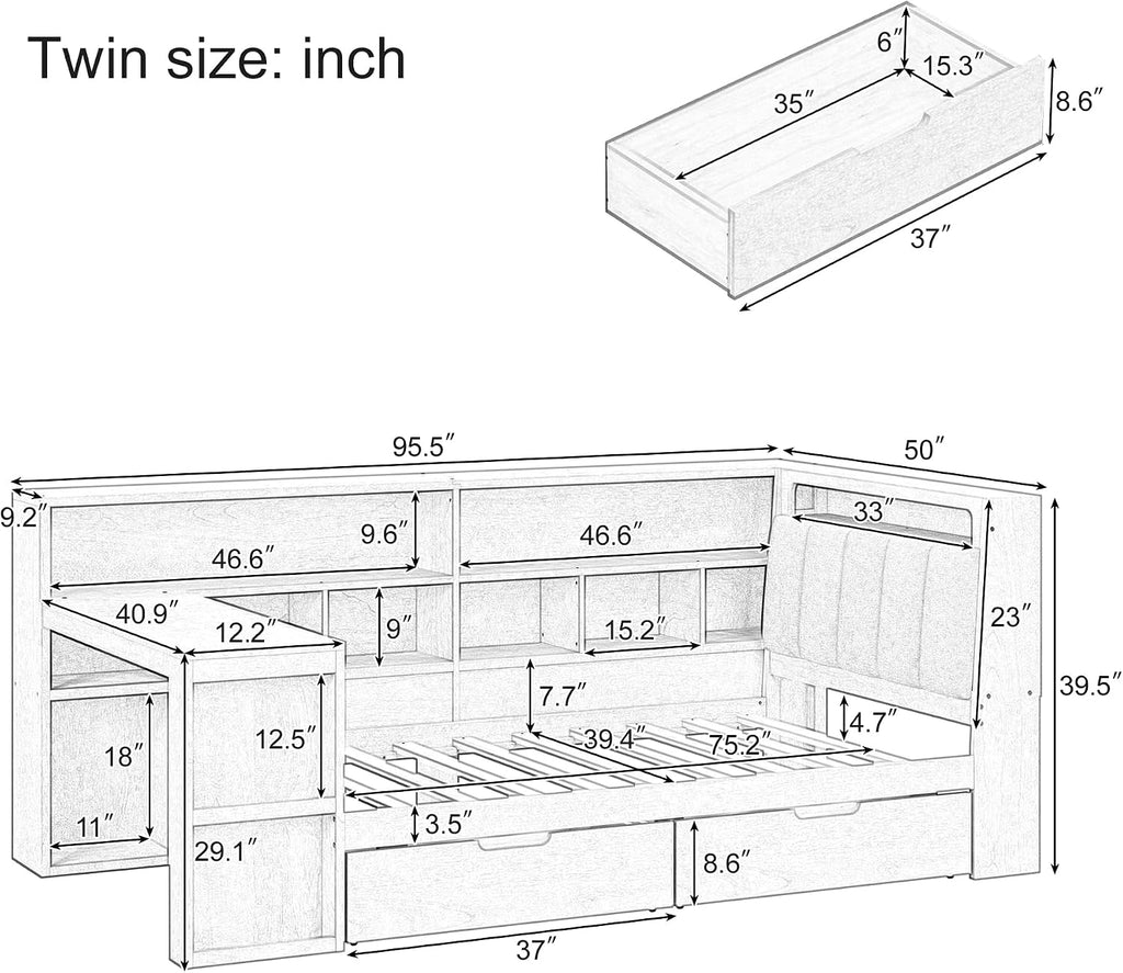 Multi-Functional Full Size Daybed with Storage Shelves and Study Desk, Wood Corner Bed Frame with Upholstered Headboard and 2 Drawers for Office Living Room Bedroom, Space-saving (White-G8, Full)