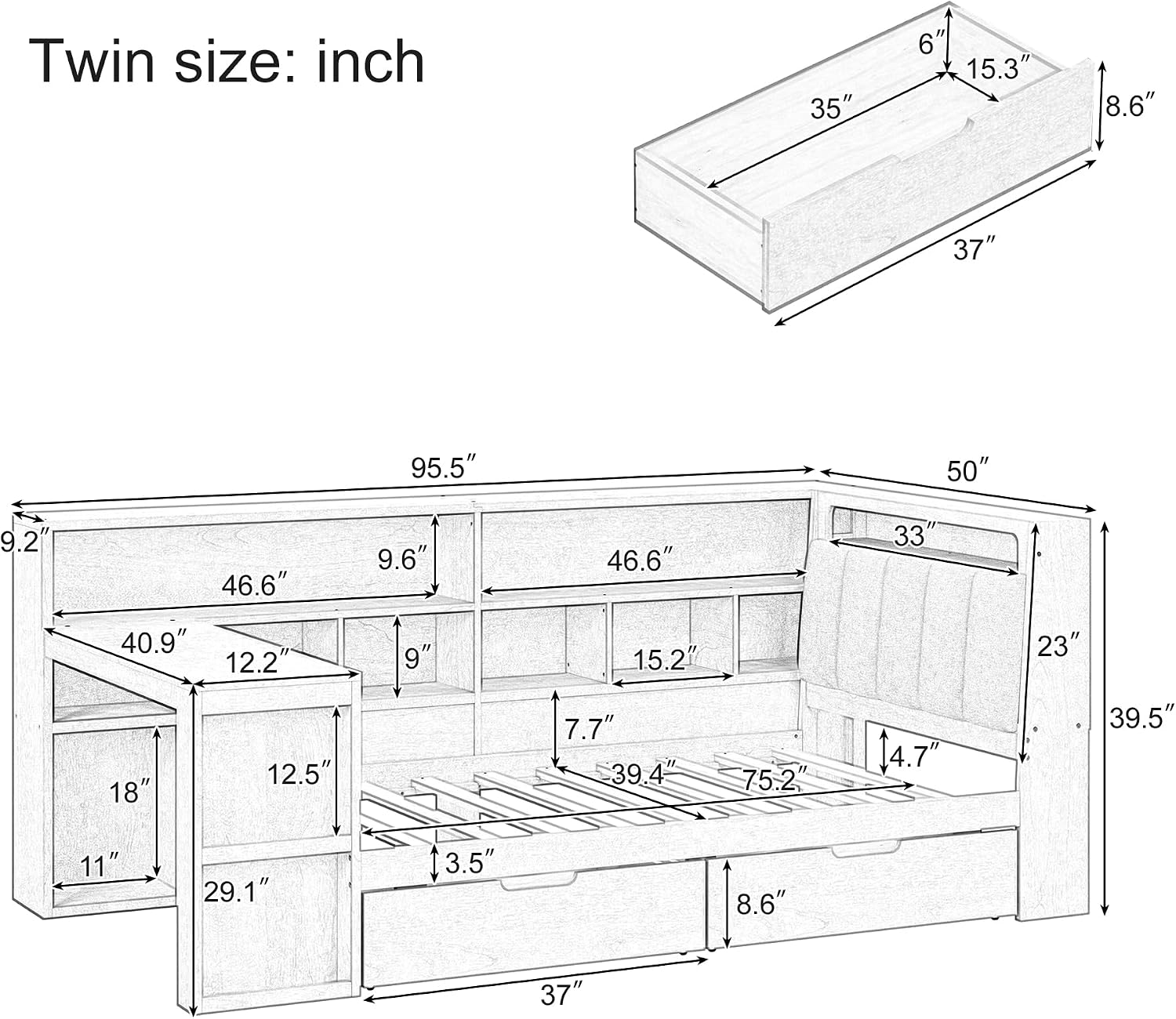 Multi-Functional Full Size Daybed with Storage Shelves and Study Desk, Wood Corner Bed Frame with Upholstered Headboard and 2 Drawers for Office Living Room Bedroom, Space-saving (White-G8, Full)