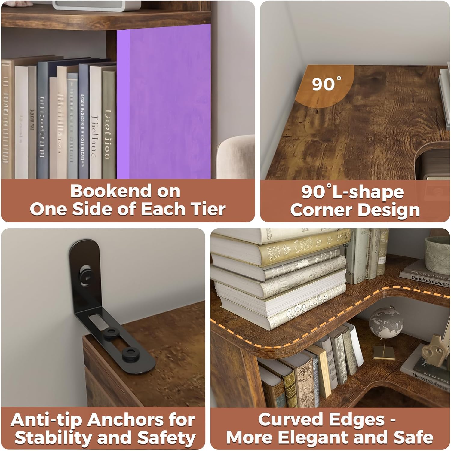 Besiost Corner Book Shelf, 6-Shelf Corner Bookshelf for Small Corner Spaces, L-Shape Bookcase Corner Display Shelf for Home Office, Living Room, Bedroom, Kitchen Pantry, Rustic Brown