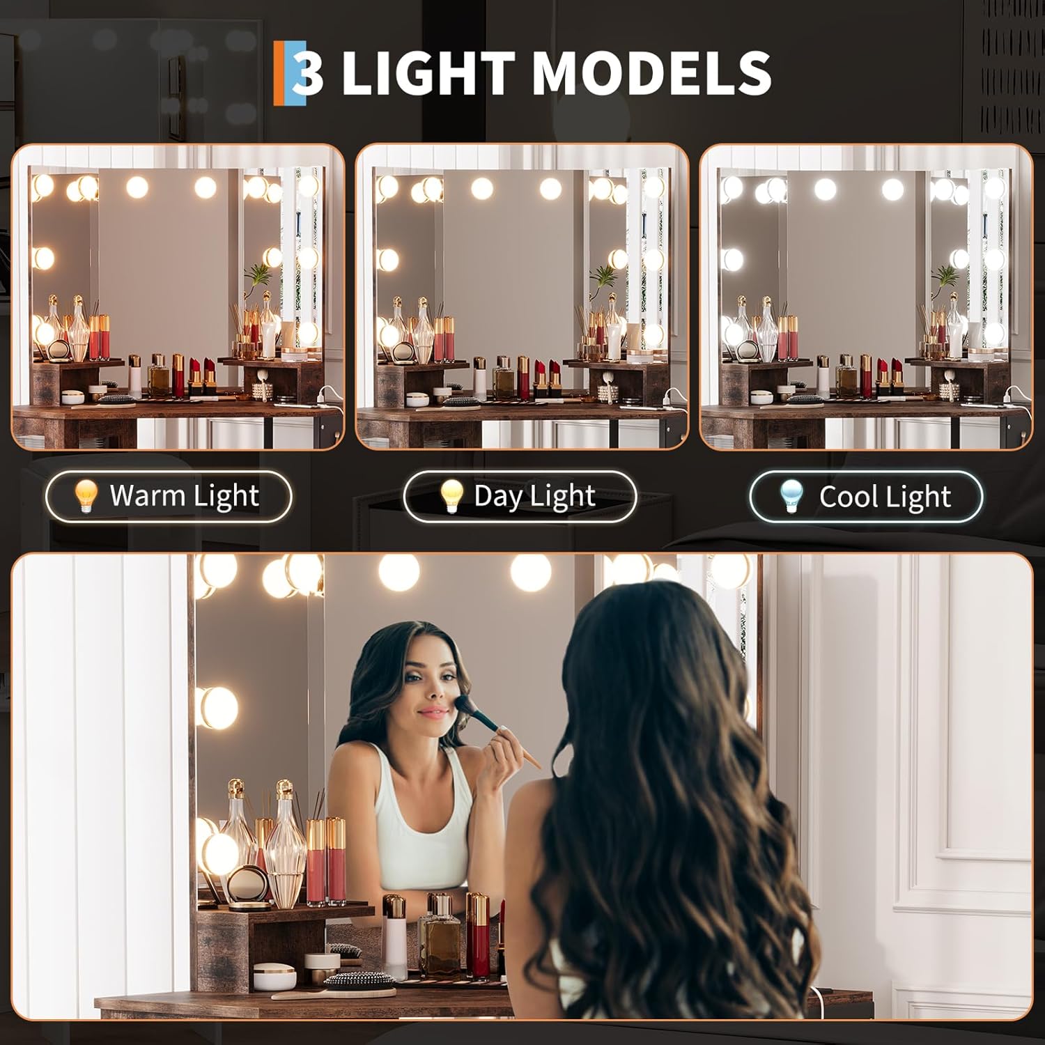 IDEALHOUSE Vanity Desk with Mirror and Lights, 3-Fold Vanity Mirror with Lights Makeup Vanity with Charging Station, Corner Vanity with Acrylic Door Cabinet, Hanging Storage Bag & Stool, Tigerwood