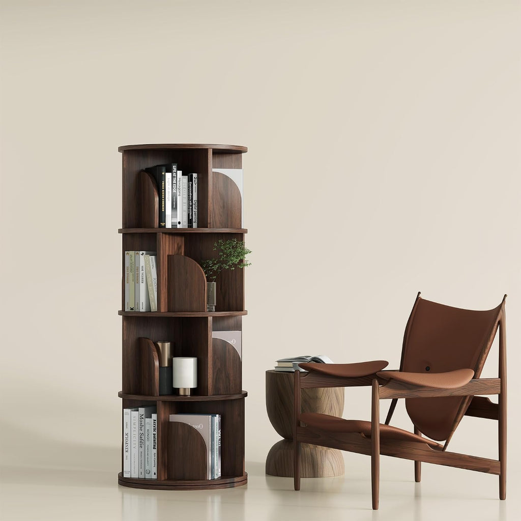 YOWOS Rotating Bookshelf, Small Corner Bookshelf for Small Space, 360 Display Floor Standing Bookcase Storage Rack, Wood Narrow Book Shelf Organizer for Bedroom, Living Room (Walnut, 4 Tiers)