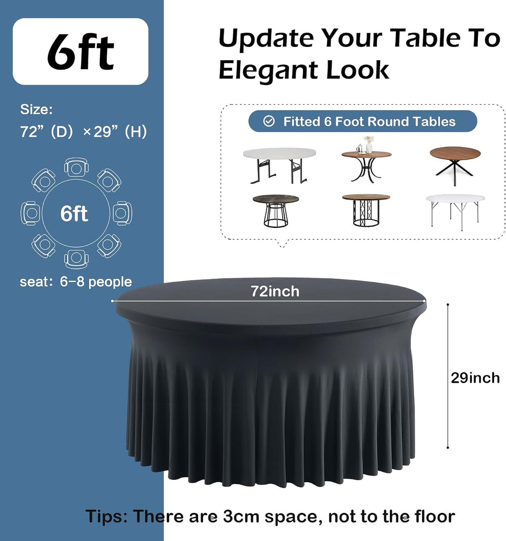 6 pk Black Spandex Round Tablecloth 72 in with Ruffled Skirt,Wrinkle Free High-Stretch 132 inch Fitted 6ft Table Cloths Round Elastic Spandex Table Covers 6ft for Party Banquet Graudation Dinning