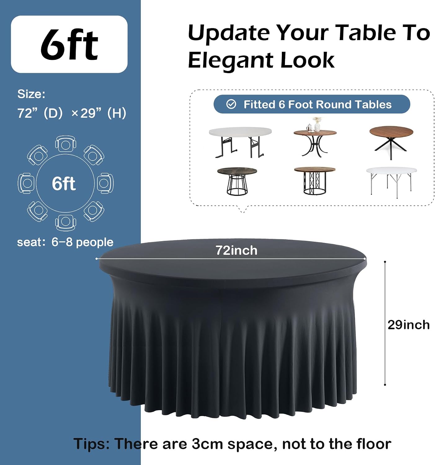 6 pk Black Spandex Round Tablecloth 72 in with Ruffled Skirt,Wrinkle Free High-Stretch 132 inch Fitted 6ft Table Cloths Round Elastic Spandex Table Covers 6ft for Party Banquet Graudation Dinning