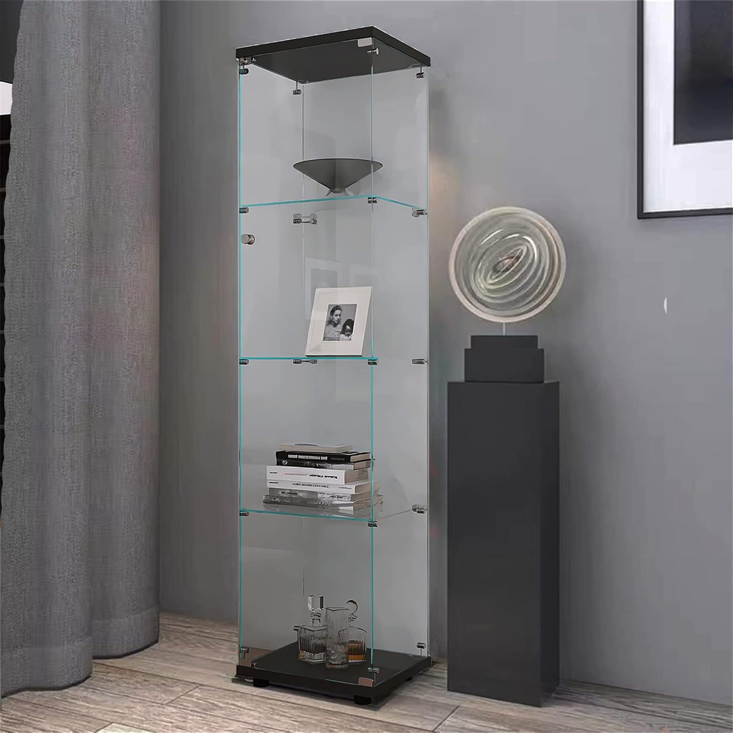 64' 4 Shelves Display Cabinet with One Door,Floor Standing Corner Curio Glass Cabinets Case W/Locks,Transparent Full Viewing Angle Bookshelf for Living Room,Bedroom,Black