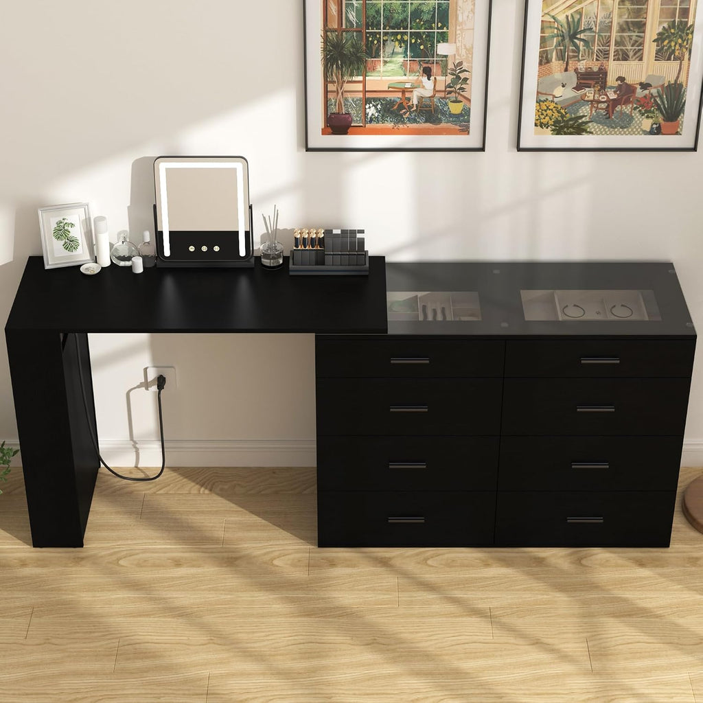 Black L Shaped Vanity Desk with LED Lighted Glass Top, Extendable Makeup Desk with 8 Drawers, 3 Open Shelves & Power Outlets, Corner Dressing Table for Bedroom