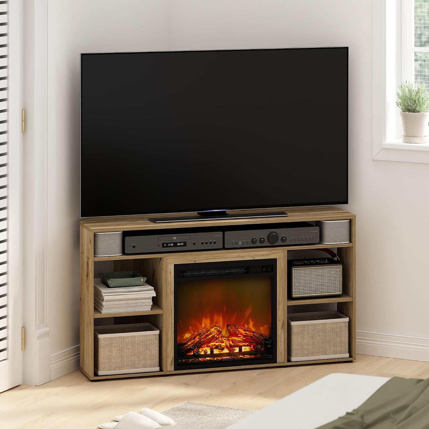 Furinno Jensen Fireplace TV Stand, Corner Entertainment Center, TV Console for TV up to 55 Inch with Fireplace, for Living Room, Bedroom, Flagstaff Oak