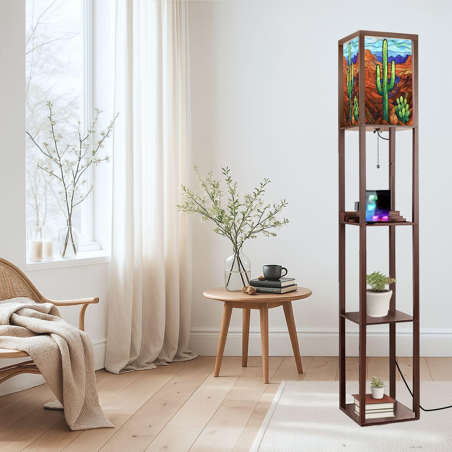Floor Lamp with Shelves Stained Glass Decor Saguaro Cactus Desert Standing Tall Lamp USB Ports & Power Outlet Modern Corner Lamp Nightstand Light for Living Room Bedroom