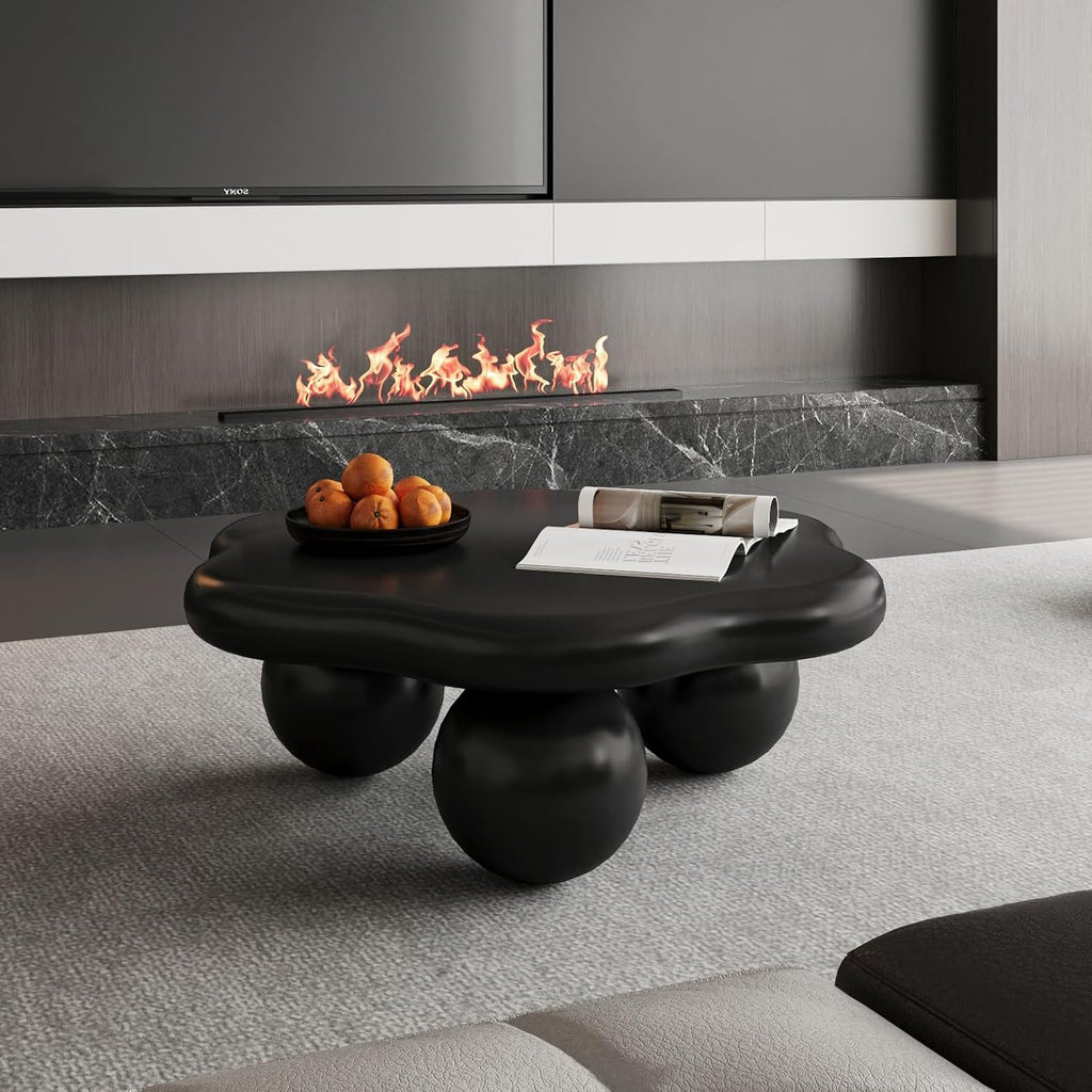 35.03' Cloud Coffee Table for Living Room Unique Coffee Table Modern Low Coffee Tables Cute Center Table with 3 Ball Legs for Small Space Apartment Cream Flower-Black