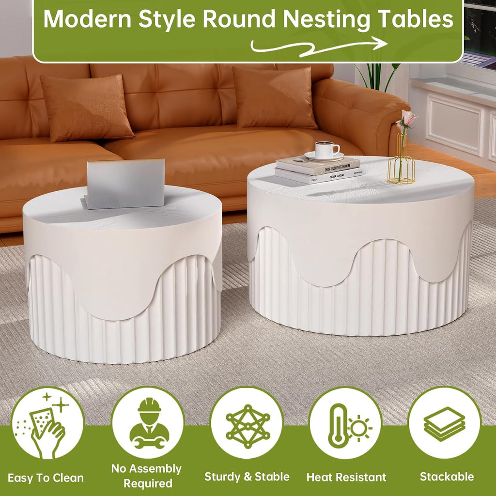 Round Nesting Coffee Table Modern White Fluted Coffee Table Set of 2 Stripe Round Coffee Tables Drum Crescent Side Table Accent End Table for Living Room (White C Large)