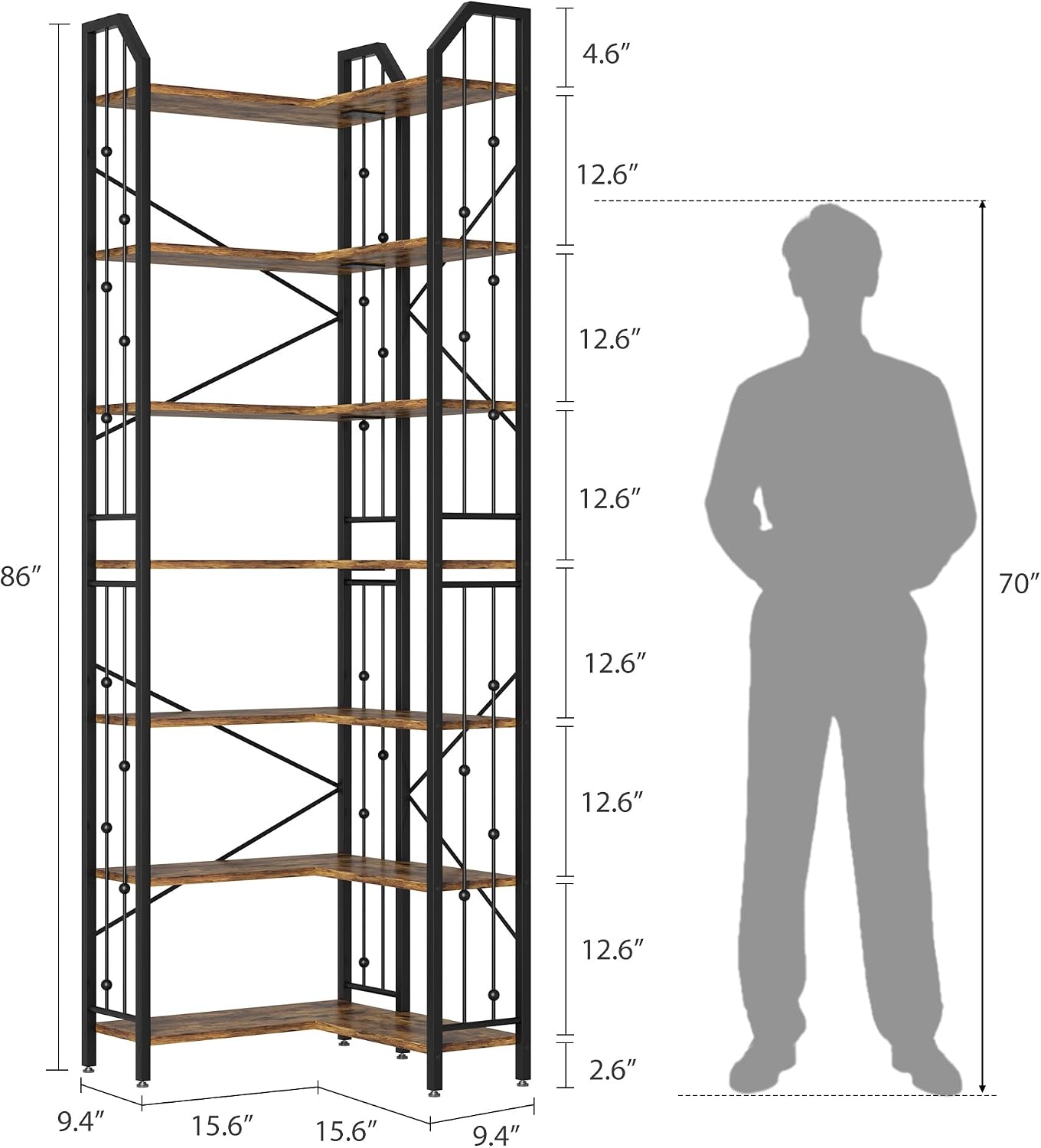 Takywep 86' Corner Bookshelf, l-Shaped 7 Tier Bookcase, Tall Corner Bookcase with Beaded Design, Large Display Shelf for Living Room Bedroom Brown