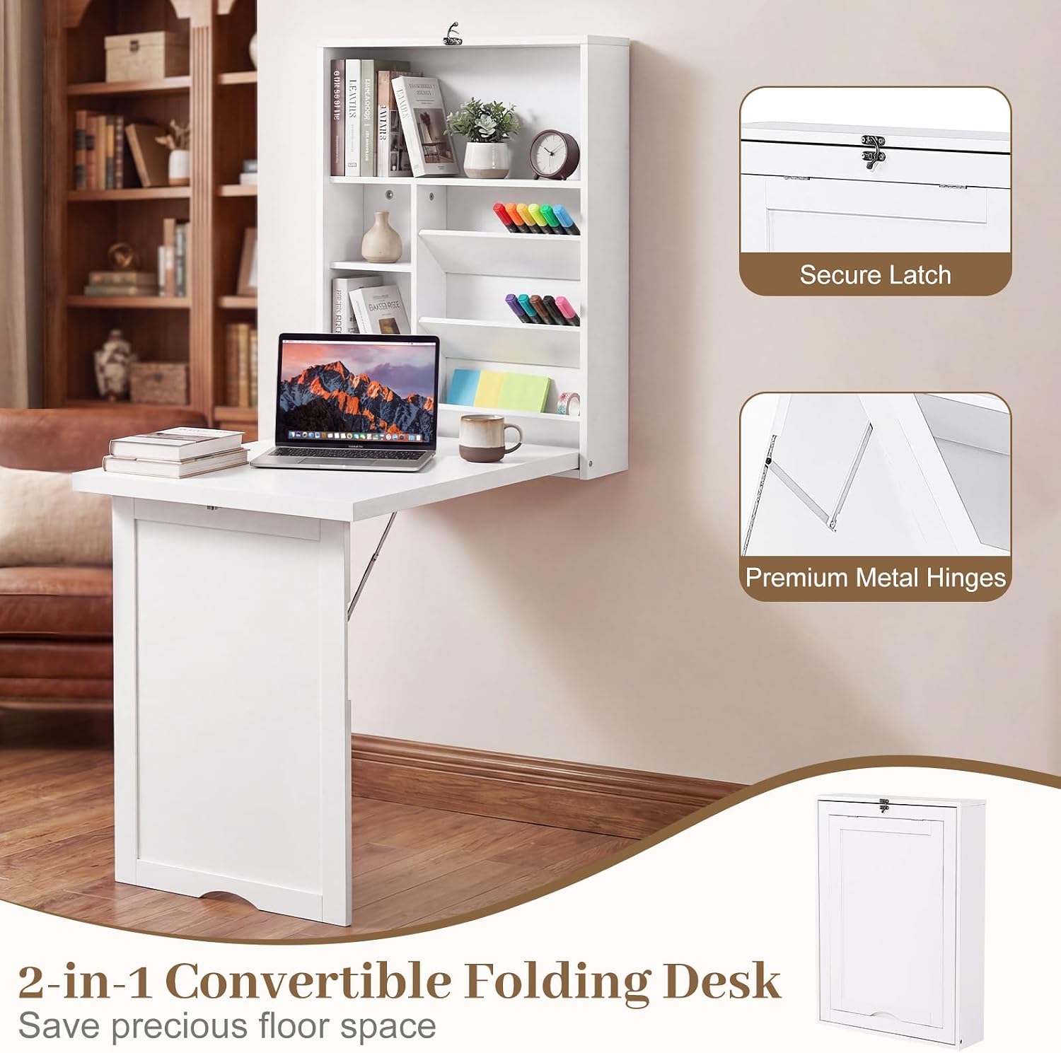 Tangkula Folding Wall Mounted Desk, Convertible Fold Out Floating Table with Storage Shelves, Space-Saving Drop Leaf Table, Murphy Desk for Craft, Study, Small Spaces, Home Office, Dorm, White