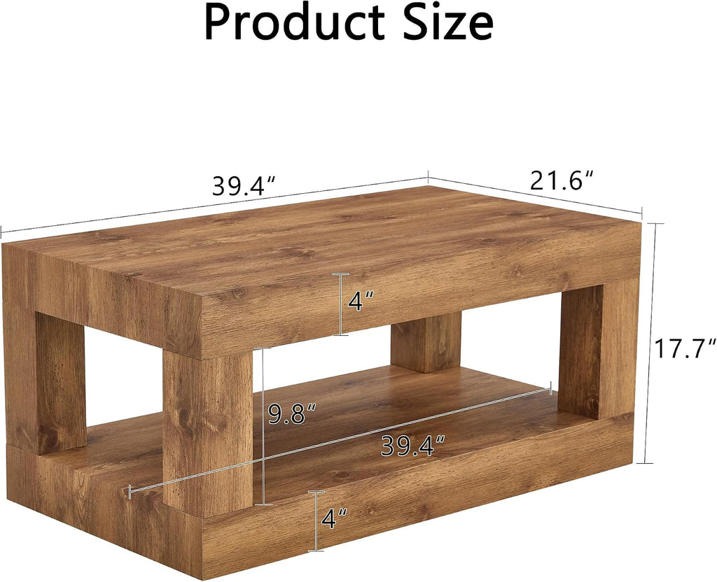 39.4' Coffee Table with Storage, 2-Tier Wood Coffee Table with 4' Thick Tabletop, Mid Century Modern Cocktail Center Tea Tables with Bottom Shelf for Living Room, Office, Apartment,Natural Wood