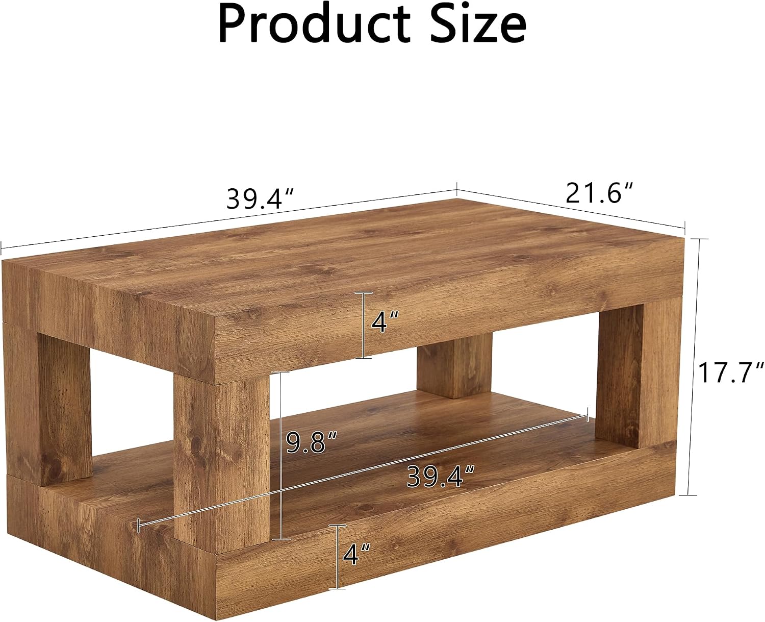 39.4' Coffee Table with Storage, 2-Tier Wood Coffee Table with 4' Thick Tabletop, Mid Century Modern Cocktail Center Tea Tables with Bottom Shelf for Living Room, Office, Apartment,Natural Wood