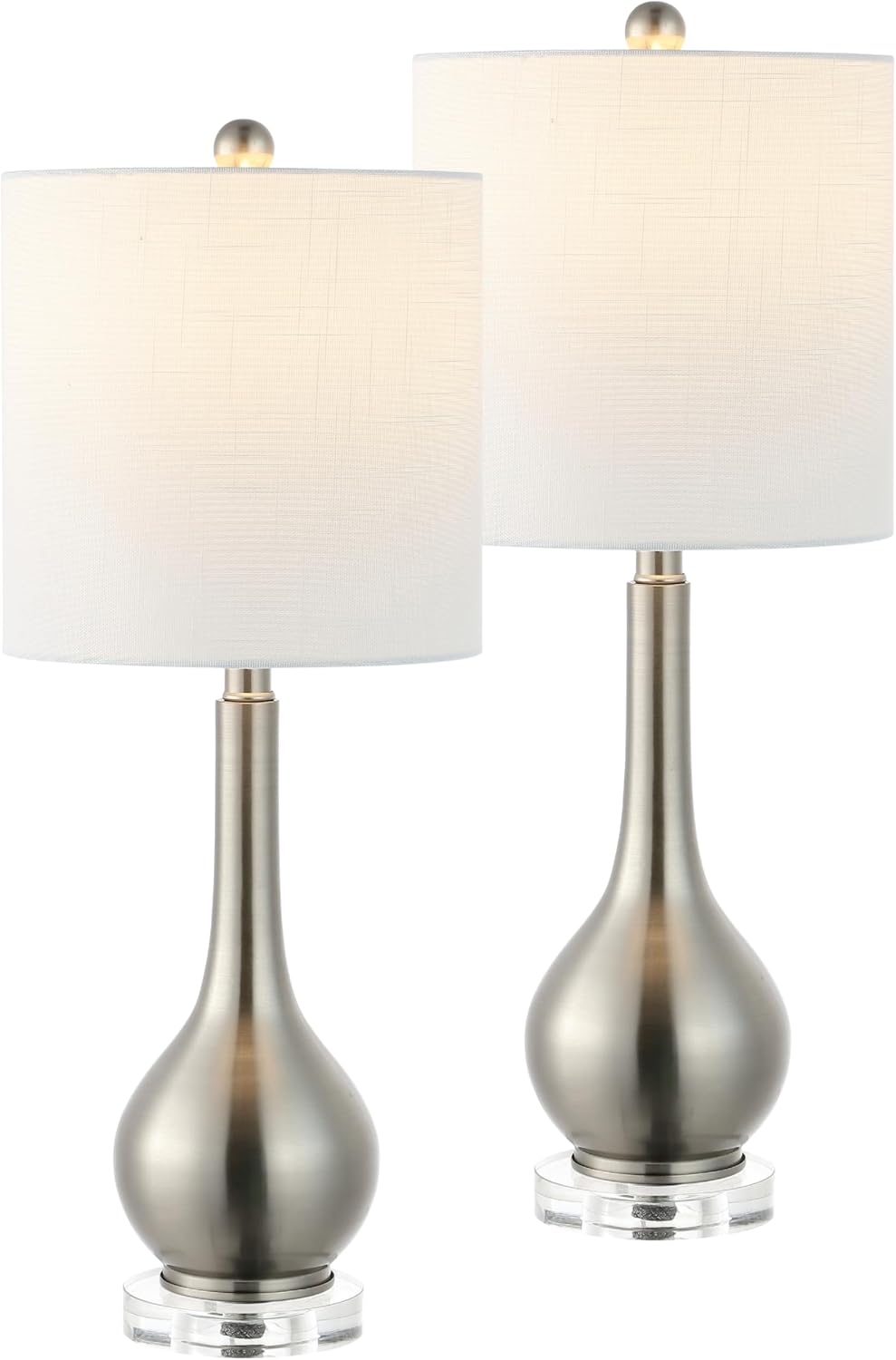 JONATHAN Y 25' Nickel Metal and Crystal Teardrop LED Table Lamp for Bedroom Living Room Bedside Nightstand, White Linen Drum Shade, LED Bulb Included, Set of 2 (JYL5010B-SET2)