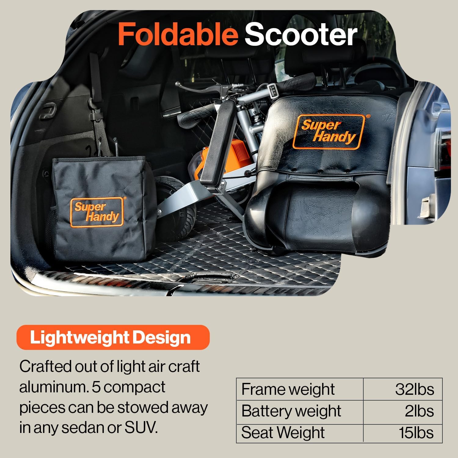 SuperHandy Passport Mobility Scooter - Foldable, 3 Wheel, Airline Travel Friendly - 13 Mile Range, Includes 2 Removable 48V Lithium-ion Batteries & Charger (330 Lbs)
