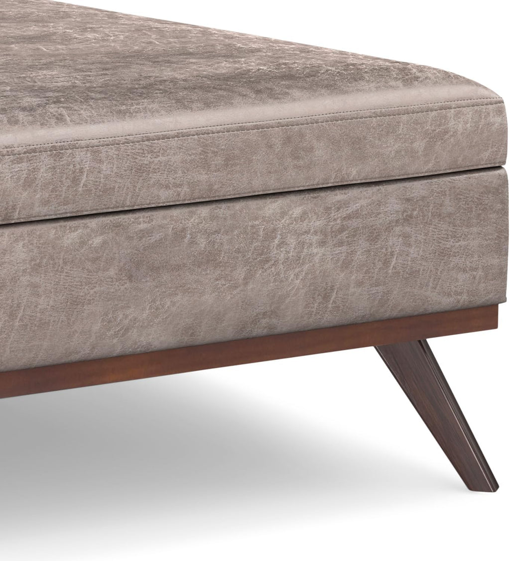 SIMPLIHOME Owen XL Square Coffee Table Storage Ottoman - 40 inch Wide Upholstered Vegan Leather Lift-Top Ottoman in Distressed Grey Taupe, Mid-Century Modern Ottoman for Living Room with Storage