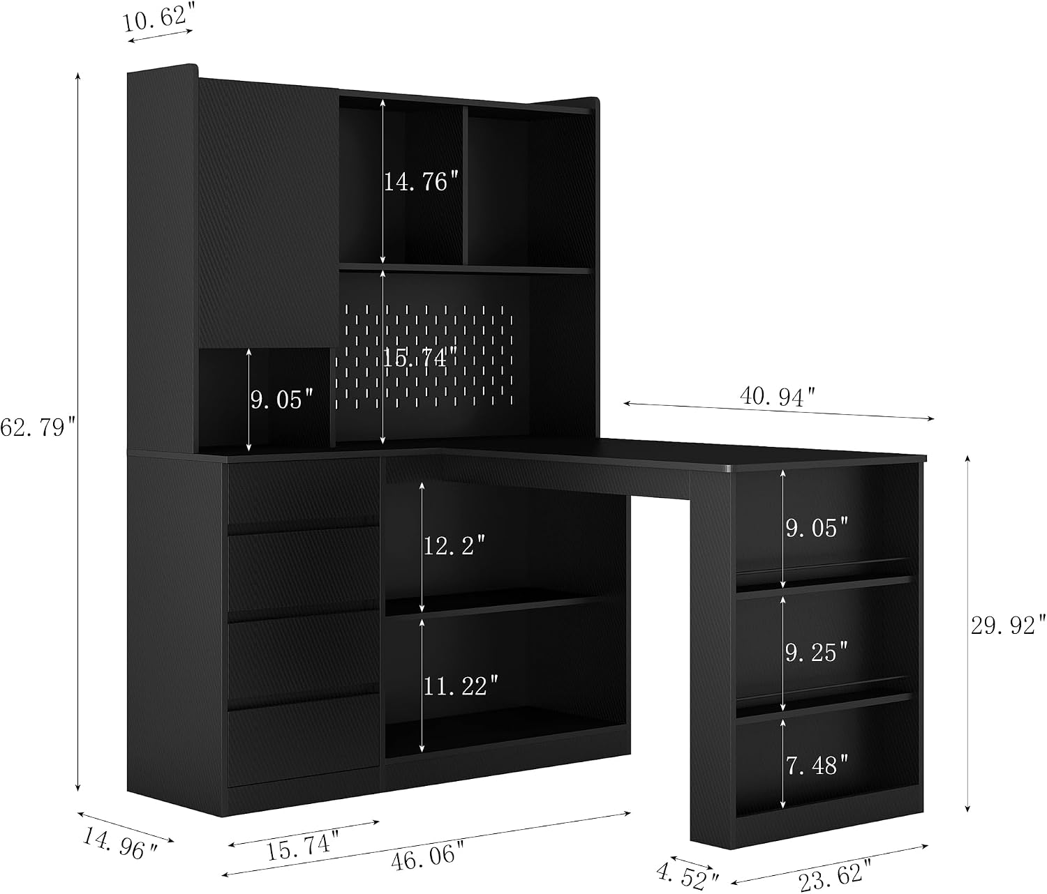 Black L-Shaped Home Office Desk with Hutch & Drawers, Modern Corner Desk with LED Light & Bookshelf, Wood Study Writing Table Gaming Computer Desk for Bedroom, Home