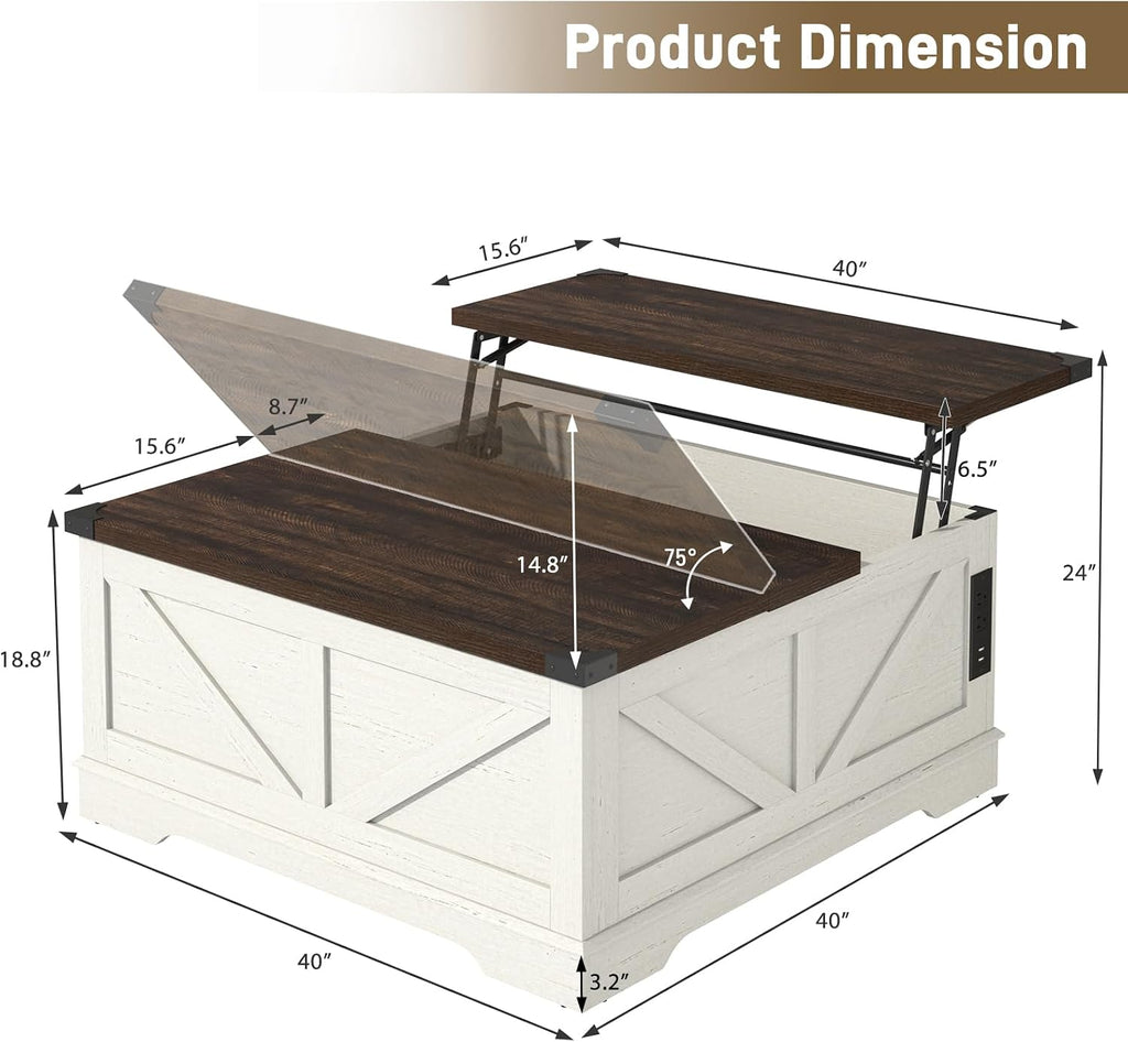 Hlivelood 40' Large Farmhouse Lift Top Coffee Table with Power Outlets and Large Hidden Storage, Square Wood Living Room Tables, Multi-Function Lift Wooden Barn Door Center Table, Rustic White
