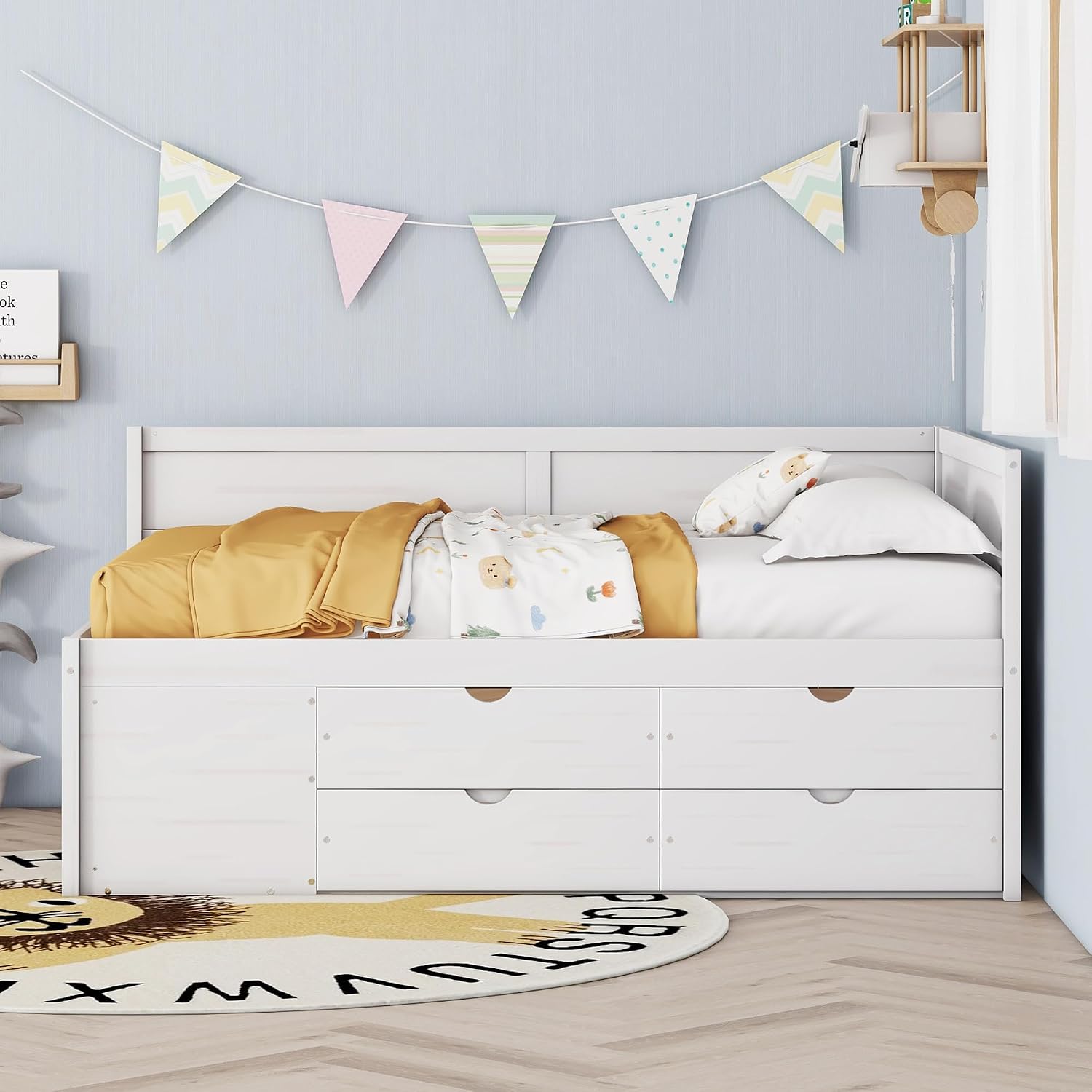 White Full Size L-Shaped Daybed with 4 Storage Drawers & Shelves,Wooden Corner Day Bed Frame with Headboard & Bookcase for Boys,Girls,Small Room,Guest Room,kids'Room,No Box Spring Needed