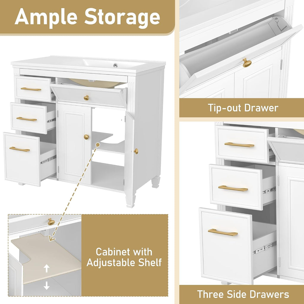 Merax 36' Bathroom Vanity with Ceramic Sink Set Combo, Tip-Out Drawer, Storage Cabinet Organizer with 2 Doors and Adjustable Shelf, White