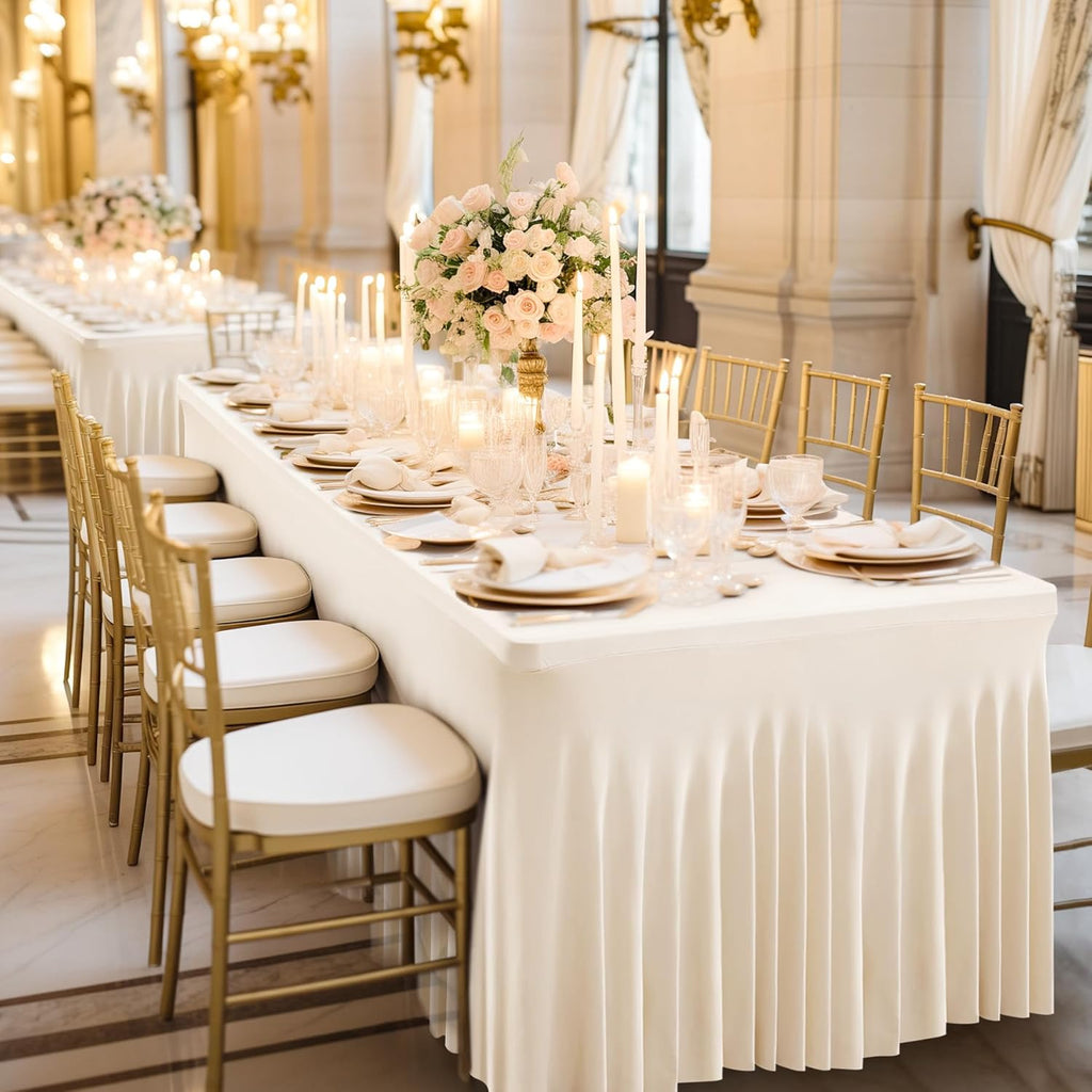 6 Pack Beige Spandex Fitted Tablecloth 8 Foot - Stretch Table Clothes for 8 FT Rectangle Table, Washable Ruffles Elastic for Weddings, Buffet, Banquet, Trade Craft Show, Party Celebration