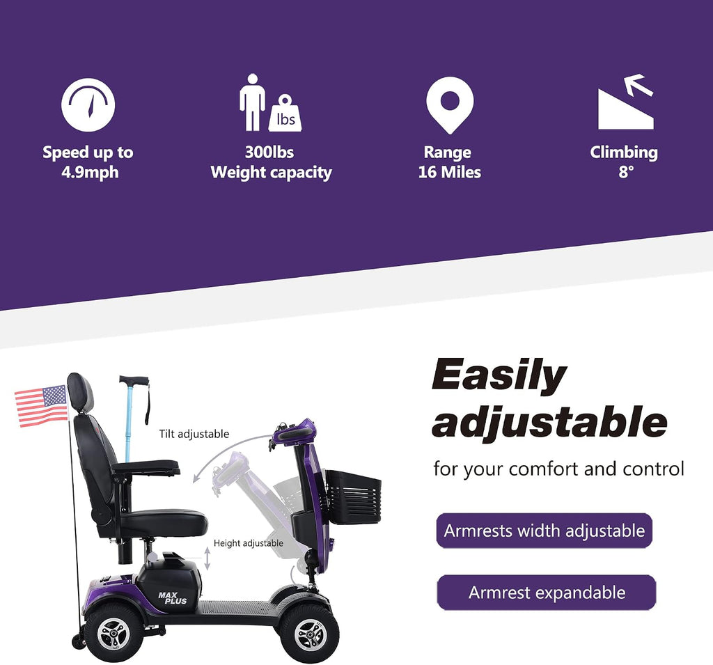 Metro Mobility - 2026 New 4 Wheel Outdoor Mobility Scooter - Adult Mobility Scooter 300 lbs Foldable - Battery - 12V20AH*2pcs, Max Range 16 Miles (Purple)
