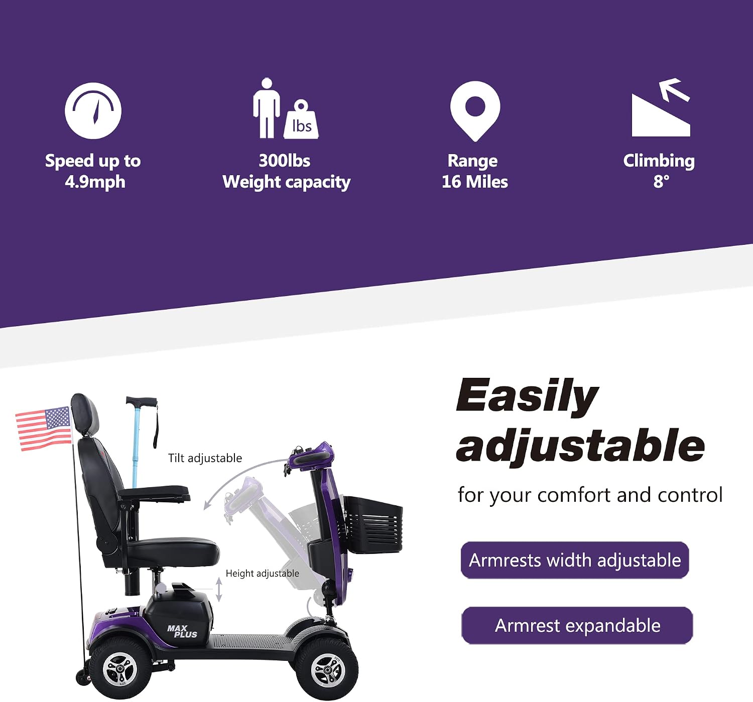 Metro Mobility - 2026 New 4 Wheel Outdoor Mobility Scooter - Adult Mobility Scooter 300 lbs Foldable - Battery - 12V20AH*2pcs, Max Range 16 Miles (Purple)
