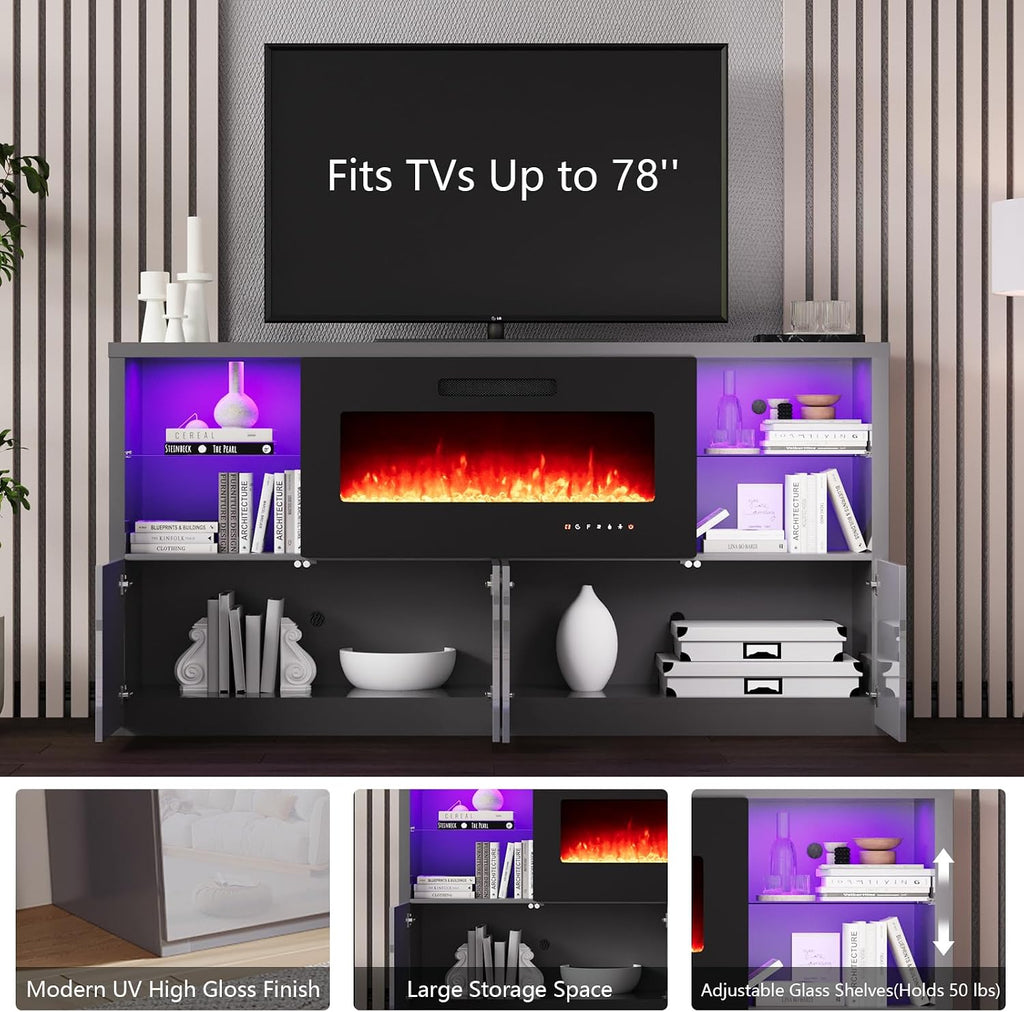 AMERLIFE 5-Piece Modern High Gloss Living Room Table Set, 68' TV Stand, 40' Fireplace, 2-Tier LED Light Coffee Table & 2 End Tables with Large Drawer/Charging Station, Entertainment Center Sets, Grey