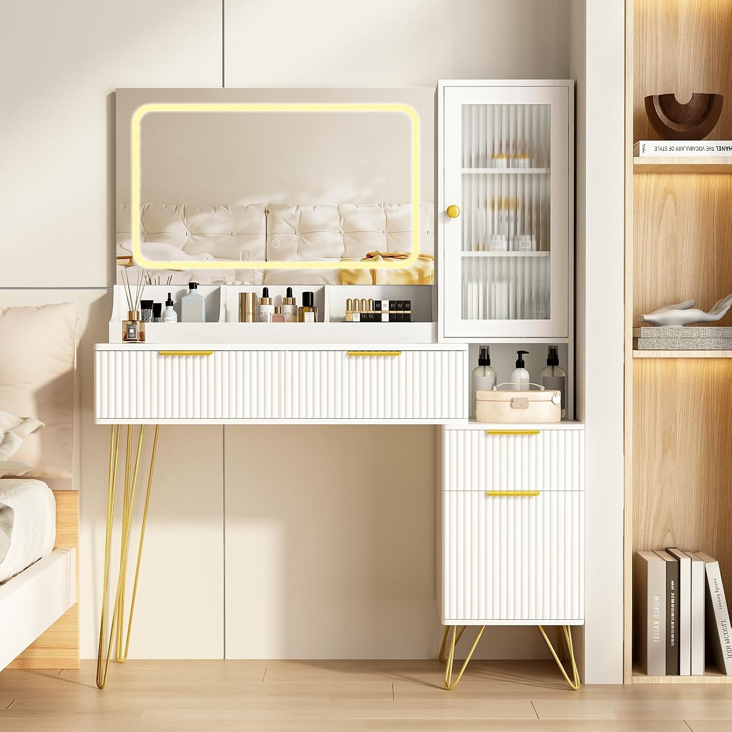 43' Vanity Desk with Mirror and Lights, Makeup Vanity Table with 4 Drawers, White Dressing Table for Bedroom, Fluted Makeup Desk with Modern Glass Top, 3 Lighting Modes Adjustable Brightness