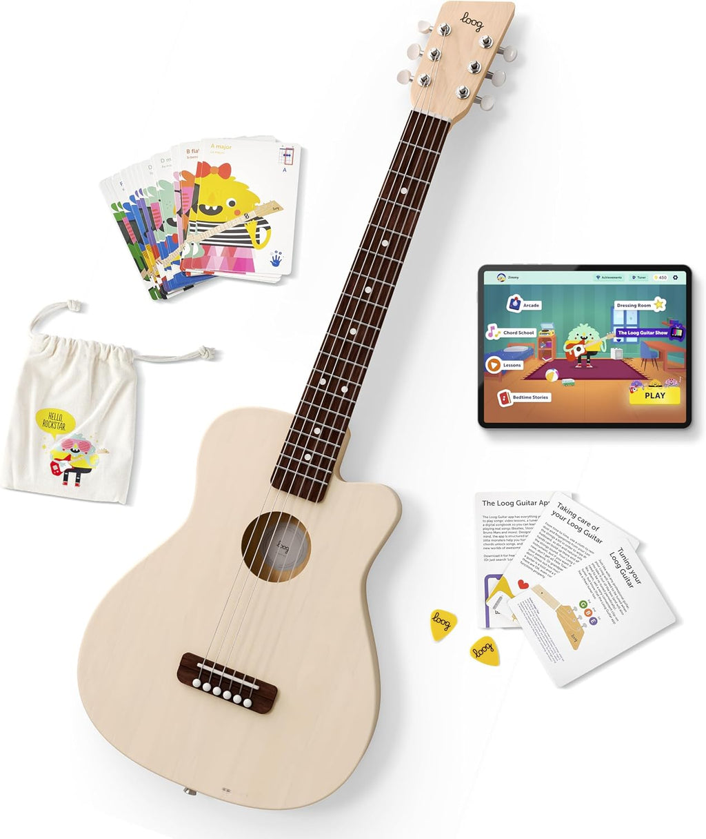 Loog Pro 6 Acoustic kids real guitar for Beginners Compact size Ages 9+ Learning app and Lessons included