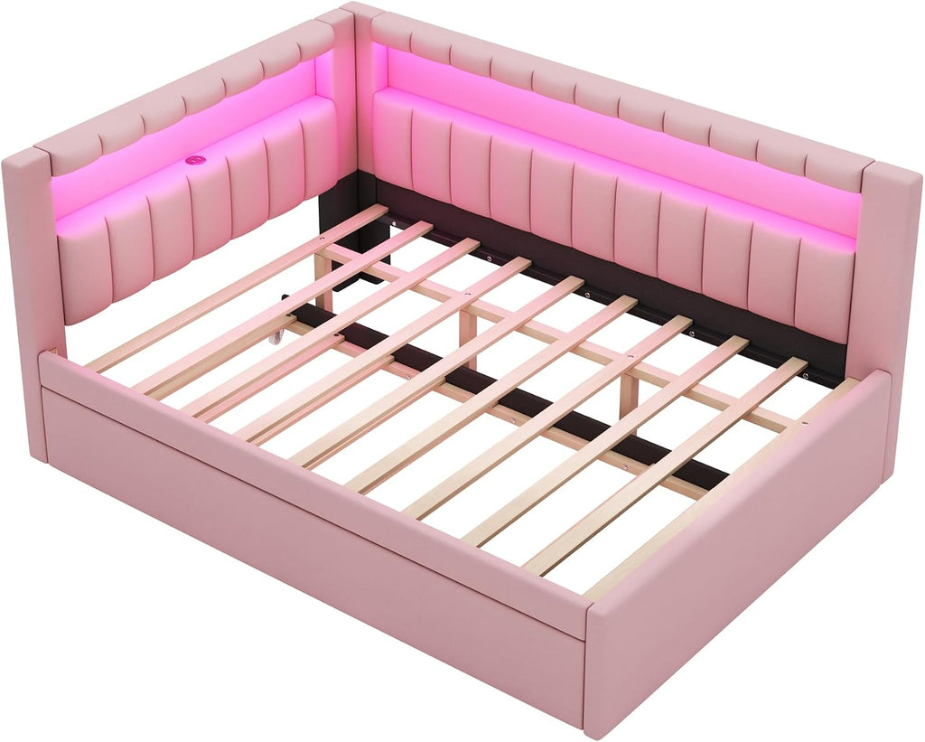 Full Size Upholstered Daybed with Trundle and LED, USB-Ports, L-Shaped Corner Unit Sofa Day Bed Frame with Storage Bookshelf, Girls, Kids, Adults, Boys, Pink